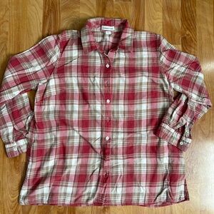 VGUC Coldwater Creek Dusty Burgundy w Tan & White Plaid Flannel Shirt sz L